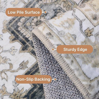 GENIMO 3x5 Area Rugs for Living Room, Machine Washable Rug, Non Slip Indoor Vintage Rug, Low Pile Lightweight Chenille Print Carpet for Bedroom Dining Room Home Office, Heathered Grey