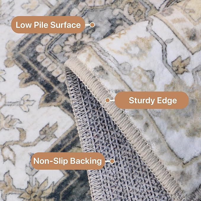 GENIMO 2x6 Runner Rugs for Hallway, Machine Washable Non Slip Vintage Retro Rugs, Low Pile Lightweight Soft Print Rug for enrtyway, Corridor, Home Office, Kitchen, Heathered Grey