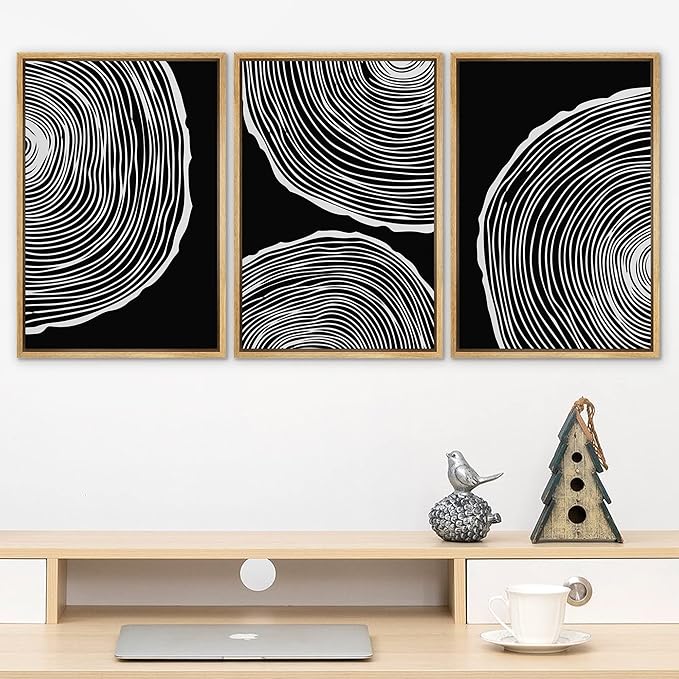 SIGNLEADER Framed Canvas Print Wall Art Set Duotone Geometric Wood Ring Circle Collage Abstract Shapes Illustrations Modern Art Boho Decorative for Living Room, Bedroom, Office - 24"x36"x3 NATURAL
