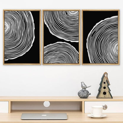 SIGNLEADER Framed Canvas Print Wall Art Set Duotone Geometric Wood Ring Circle Collage Abstract Shapes Illustrations Modern Art Boho Decorative for Living Room, Bedroom, Office - 24"x36"x3 NATURAL