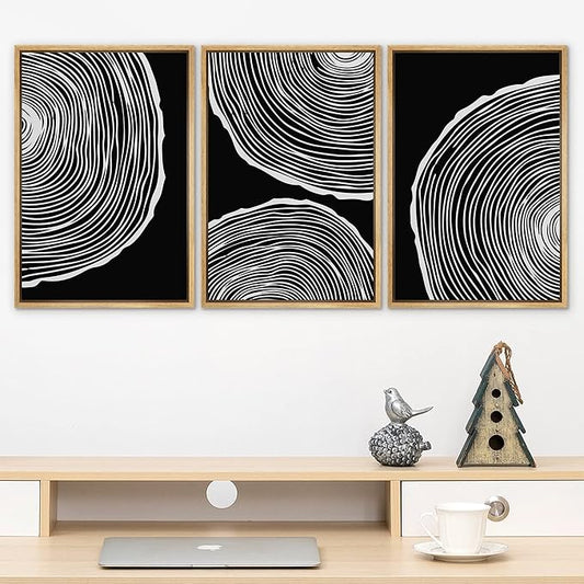 SIGNLEADER Framed Canvas Print Wall Art Set Duotone Geometric Wood Ring Circle Collage Abstract Shapes Illustrations Modern Art Boho Decorative for Living Room, Bedroom, Office - 24"x36"x3 NATURAL