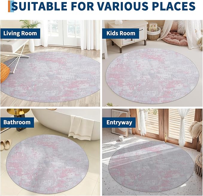 ROYHOME Modern Abstract 6x6 Round Area Rug Non Slip Non Shedding Rug Low Pile Stain Resistant for Bedroom Living Room Office Dining Room,Grey Pink