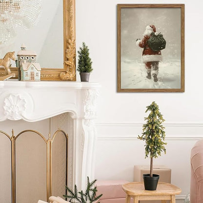 Framed Christmas Wall Art, Santa Claus Walk in Snow Canvas Prints, Vintage Christmas Pictures Wall Decor, Rustic Santa Oil Painting, Winter Snow Scene Christmas Decorations – 12X16in