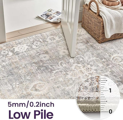 DEXI Area Rugs for Living Room, 5x8 Washable Low Pile Vintage Traditional Rug for Bedroom, Non Slip Indoor Carpet for Dining Office Nursery, Light Grey