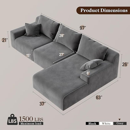 Homkdom L-Shaped Cloud Boneless Couch with Deep Seat, Modular Sectional Sofa with Oversized Chaise, 6 Layouts Combination for Living Room, Apartment, No Assembly (Grey Check, Right Facing Chaise)