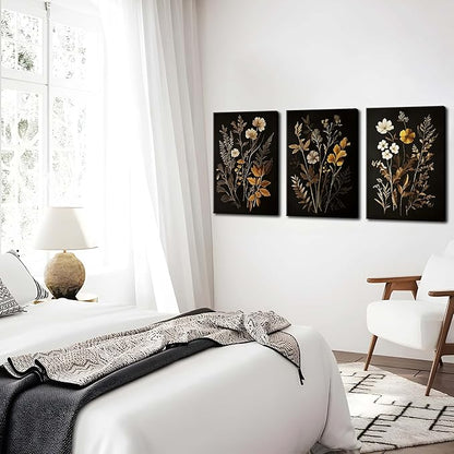 Vintage Black Flower Wall Art Decor Set of 3, Beautiful Wildflower Botanical Canvas Prints, Dark Academia Fall Floral Poster Painting Picture for Bedroom Living Room 12x16 Inch Framed