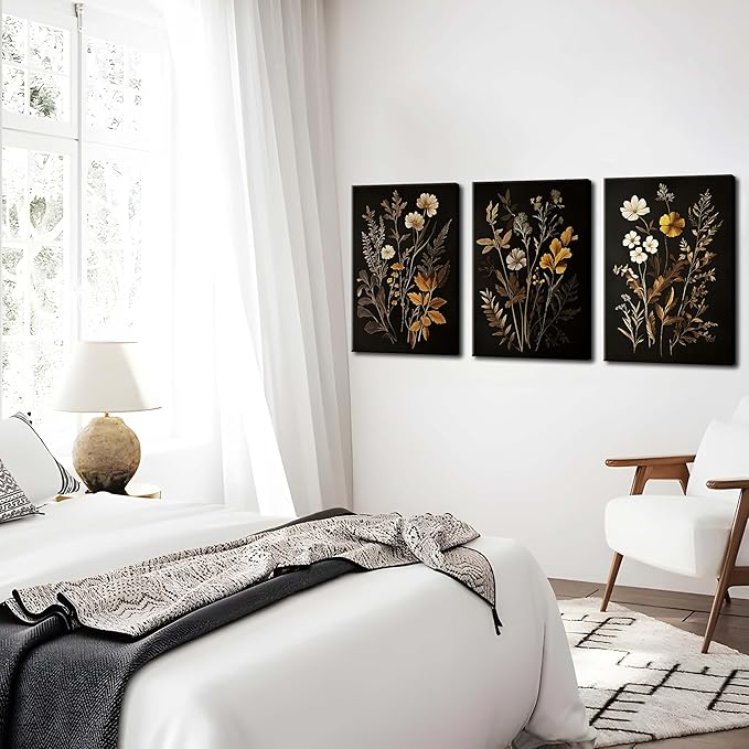 Vintage Black Flower Wall Art Decor Set of 3, Beautiful Wildflower Botanical Canvas Prints, Dark Academia Fall Floral Poster Painting Picture for Bedroom Living Room 16x24 Inch Framed