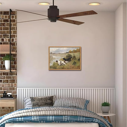 Floating Framed Vintage Hunting Dog Wall Art, Classic Countryside Landscape Canvas Print, English Setter and Gordon Setter Painting, Rustic Farmhouse Wall Decor for Living Room Study Office 12x16 inch