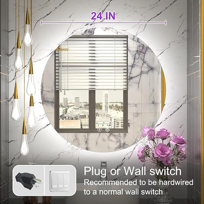 LED Bathroom Mirror 24 Inch, 3 Color Temperatures (3000K/4500K/6000K), Dimmable Backlight, Anti-Fog, 5MM HD Glass, CRI 90+, Round Vanity Mirror with Light