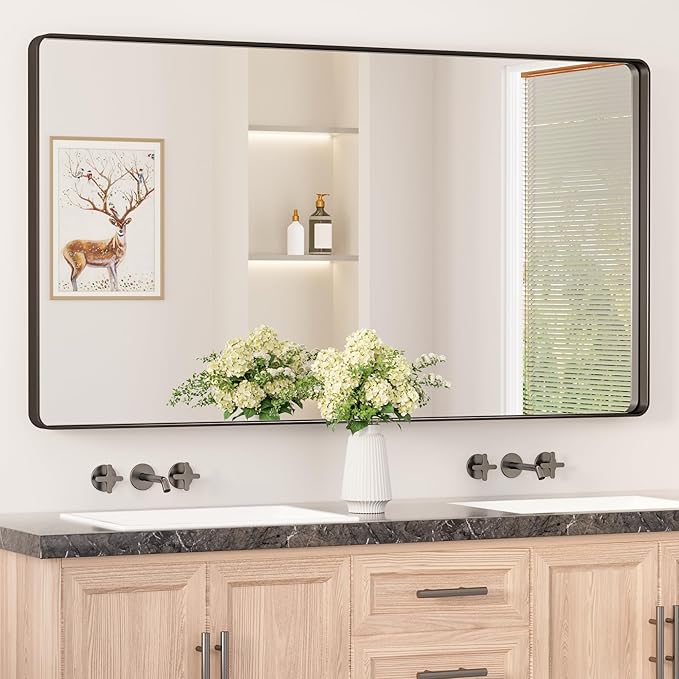 Keonjinn Black Bathroom Mirror, 55” x 30” Rounded Rectangle Sandblasted Finish Bathroom Mirrors for Over Sink, Large Matte Black Vanity Mirror with Seamless Frame, HD Tempered Glass Farmhouse Mirror