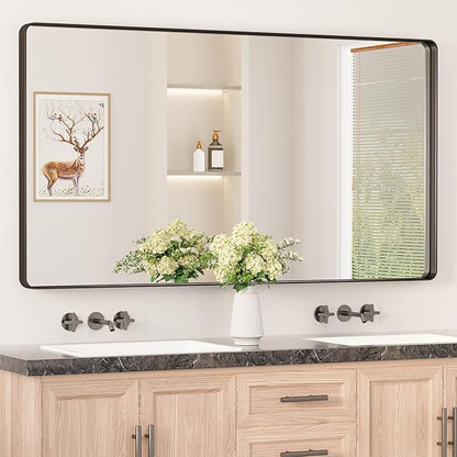 Keonjinn Black Bathroom Mirror, 55” x 30” Rounded Rectangle Sandblasted Finish Bathroom Mirrors for Over Sink, Large Matte Black Vanity Mirror with Seamless Frame, HD Tempered Glass Farmhouse Mirror