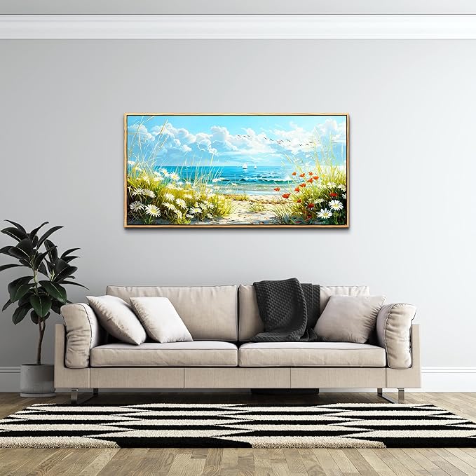 ZUITINGHUA Large Wood Framed Wall Decor For Living Room Canvas Wall Art For Office Modern Wall Decorations For Bedroom Flowers Landscape Paintings Seaside Pictures Artwork Home Decor 24x48 In