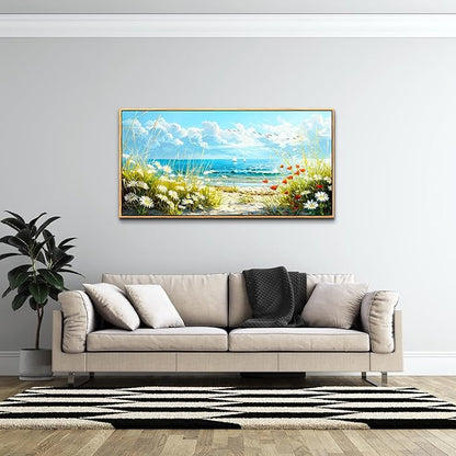ZUITINGHUA Large Wood Framed Wall Decor For Living Room Canvas Wall Art For Office Modern Wall Decorations For Bedroom Flowers Landscape Paintings Seaside Pictures Artwork Home Decor 24x48 In
