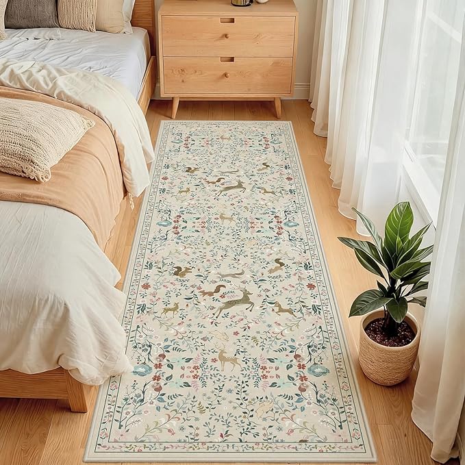 Runner Rug Washable Runners Kitchen Rugs Non Slip Neutral Floral Carpet Low Pile for Indoor Hallways Entryway Living Room Bedroom Laundry Soft Mat 2'6''x8' Beige Animal