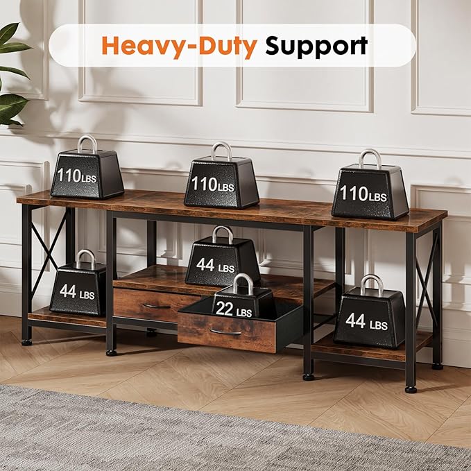 DUMOS 55” TV Stand with Power Outlets, Entertainment Center for TVs Up to 65 Inches, Industrial Media Console with Fabric Drawers & Open Shelves, Rustic Brown TV Table for Living Room, Bedroom