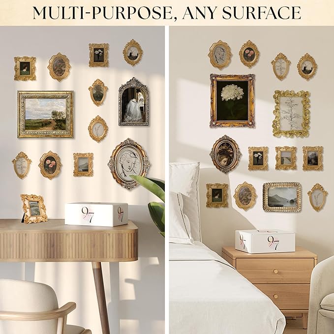 97 Decor Small Rose Gold Picture Frames Set - 10 Pcs Oval Rectangle Golden Mini Frames, Baroque Gallery Wall Frame Pack, Assorted Vintage Frame For Wall Decor (With Backing, Without Glass)