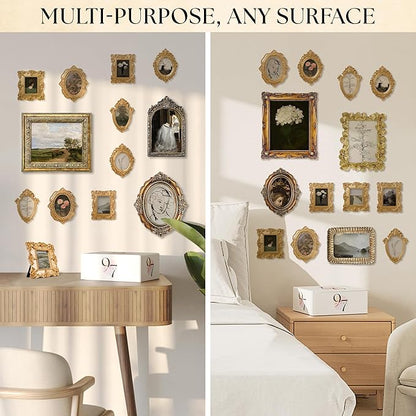 97 Decor Small Rose Gold Picture Frames Set - 10 Pcs Oval Rectangle Golden Mini Frames, Baroque Gallery Wall Frame Pack, Assorted Vintage Frame For Wall Decor (With Backing, Without Glass)