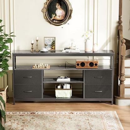 Huuger TV Stand Dresser with Power Outlets and LED Lights, 4 Drawers Entertainment Center with Shelves, 54in Media Console for 55 60 Inch TV, Dresser with PU Finish, Grey and Black