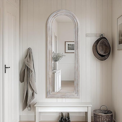MELOMOIR Arched Full Length Mirror with Solid Wood Frame, 56"x21" Rustic Farmhouse Floor Mirror with Stand, Free Standing Leaning Hanging, for Bedroom Living Room Dressing Room, Distressed White