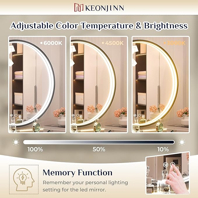 Keonjinn 28 Inch Round LED Bathroom Mirror, 3 Color Temperature Lights 3000K/4500K/6000K, Black Metal Framed Front Lighted Round Vanity Mirror Dimmable, Circle Makeup Mirror Anti-Fog UL Listed CRI≥90
