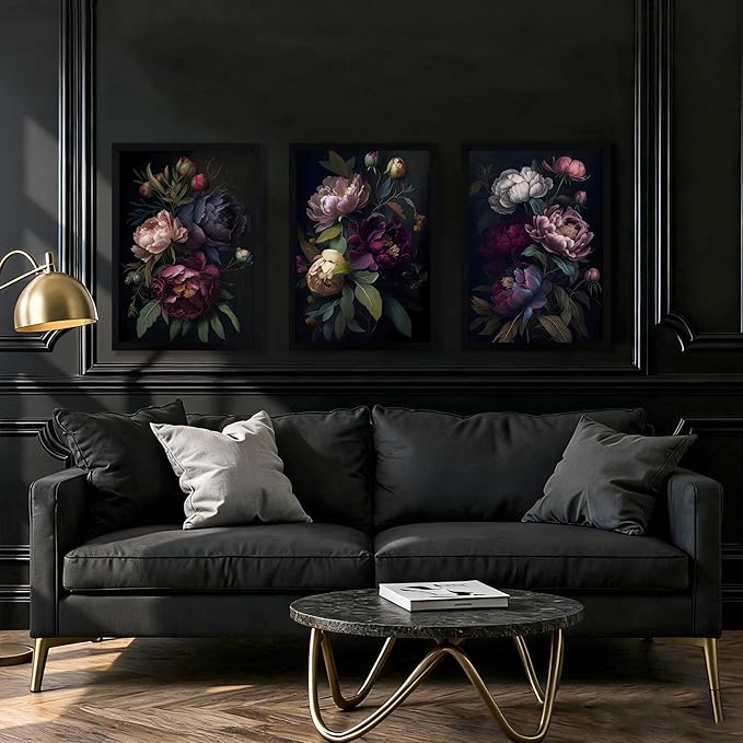 ICHZUMW Moody Peony Floral Canvas Wall Art Set of 3, Black Wood Framed Dark Academia Gothic Botanical Wall Decor, Ready to Hang Fade‑Resistant Flower Pictures for Bedroom Living Room Bathroom, 16×24in