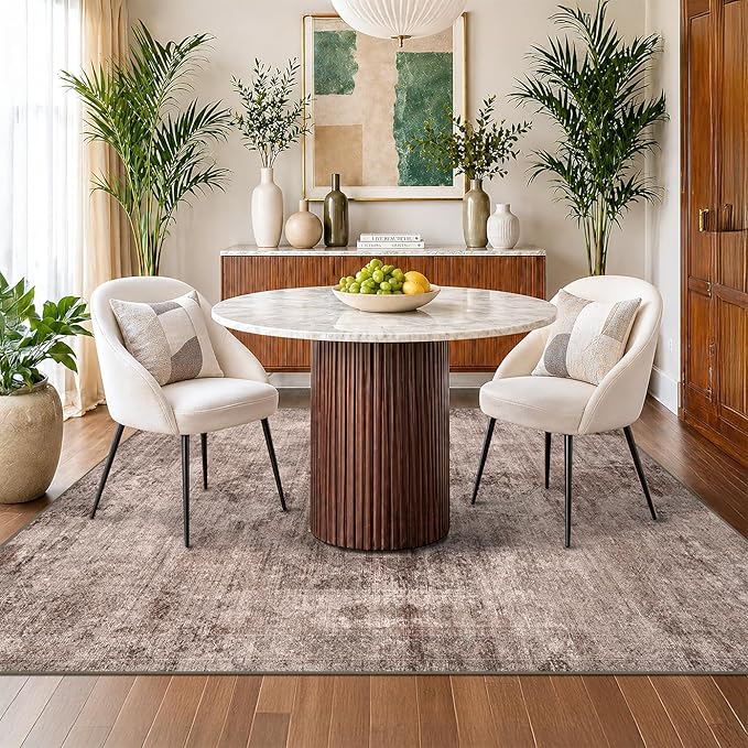 Hazo Haus Rustic Brown Abstract 5x7 Rug for Living Room - Office Rug for Home Office, Bedroom, Taupe with Red Accent, Washable, Non Slip & Soft, Medallion Indoor Décor