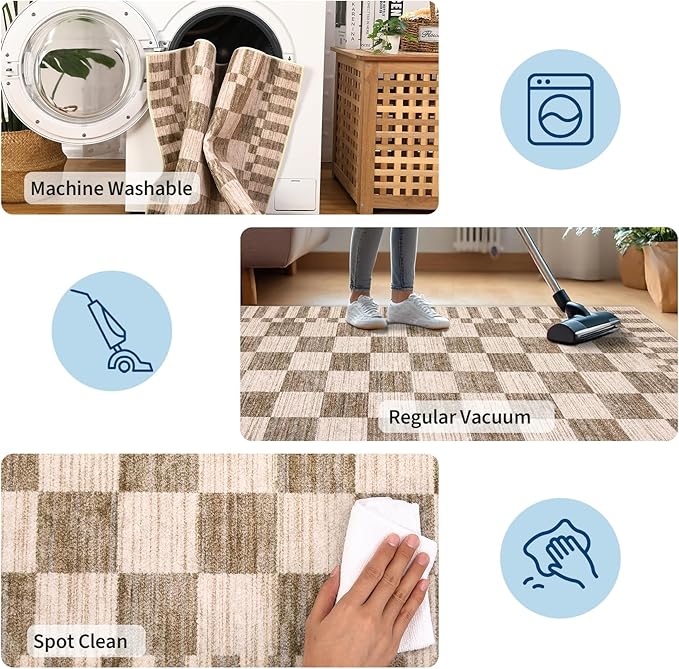 GarveeHome Brown Checkered Rug 5×7 Area Rugs for Living Room，Geometric Tan Brown Print Non-Slip Washable Rug Soft Low-Pile, Neutral Modern Farmhouse Rugs for Bedroom Dining Room Office
