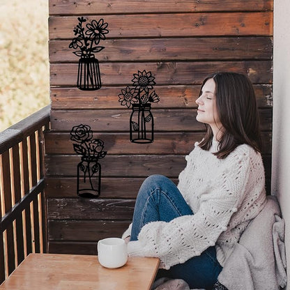 qzmaikoo 3 Pieces Sunflower Roses Daisy Black Metal Flowers Wall Decor Metal Vase Wall Art Metal Wall Sculptures Hanging for Indoor Kitchen Bathroom Bedroom Living Room,14.56x7.87 inches
