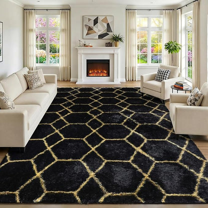 ONASAR 8x10 Area Rugs for Living Room, Fluffy Black and Gold Bedroom Rug, Geometric Boho Large Soft Plush Shaggy Fuzzy Floor Carpet for Nursery Kids Classroom Playroom Dorm Home Decor