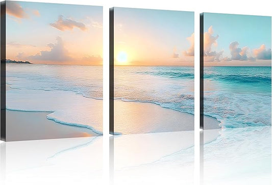 TutuBeer 3 Panels Beach Pictures Wall Art Beach Canvas Wall Art Ocean Pictures Seascape Paintings Coastal Picture Framed Artwork for Bathroom Living Room Office Home Decor Each Panel 16" x 24"