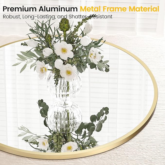 GarveeHome Large Round Mirror for Wall, 36 in Large Aluminum Alloy Circle Frame, High Definition Eco-Friendly Gold Round Bathroom Mirror for Over Sink, Wall Mirror for Entryway, Bathroom