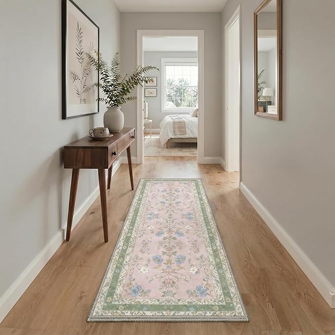 GENIMO Runner Rug 2x5 Non Slip Machine Washable Vintage Hallway Runner Rug, Low Pile Lightweight Rugs for Entryway, Hallway, Kitchen and Corridor, Light Green Pink