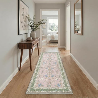 GENIMO Runner Rug 2x5 Non Slip Machine Washable Vintage Hallway Runner Rug, Low Pile Lightweight Rugs for Entryway, Hallway, Kitchen and Corridor, Light Green Pink