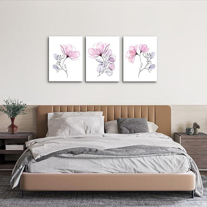 3 Piece Modern pink red Flowers Canvas Wall Art for Bedroom Living Room decor,Bathroom Wall Decor,3 Panels framed Wall Watercolor Painting Kitchen Home Decoration Canvas Print Artwork Wall Mural