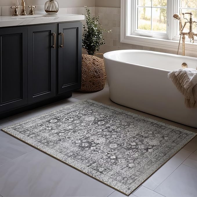 Washable 2x3 Entryway Rug, Boho Non-Slip Door Mat Vintage Distress Small Rugs for Kitchen Nursery Office Bedroom, 0.3" Neutral Oriental Throw Carpet with Cushioning Pad, Grey/Multi, C5