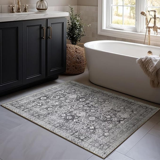 Washable 2x3 Entryway Rug, Boho Non-Slip Door Mat Vintage Distress Small Rugs for Kitchen Nursery Office Bedroom, 0.3" Neutral Oriental Throw Carpet with Cushioning Pad, Grey/Multi, C5