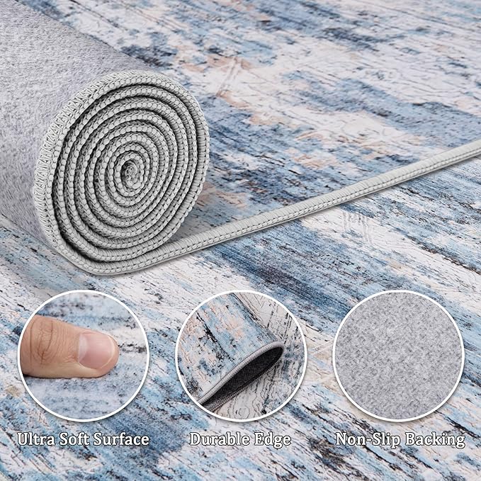 5x7 Area Rug Living Room Rugs - Washable Rug Large Modern Abstract Soft Thin Carpets Indoor Floor No Slip Vintage Carpet for Bedroom Under Dining Table Nursery Home Office Decor Blue
