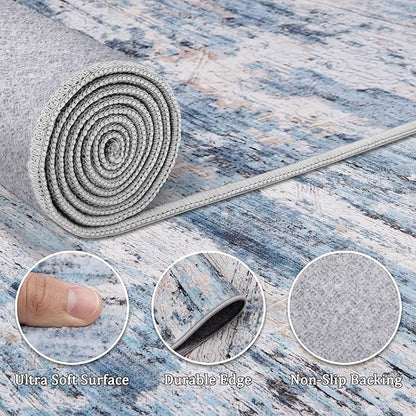 9x12 Area Rug Living Room Rugs - Washable Rug Large Modern Abstract Soft Thin Carpets Indoor Floor No Slip Vintage Carpet for Bedroom Under Dining Table Nursery Home Office Decor Blue