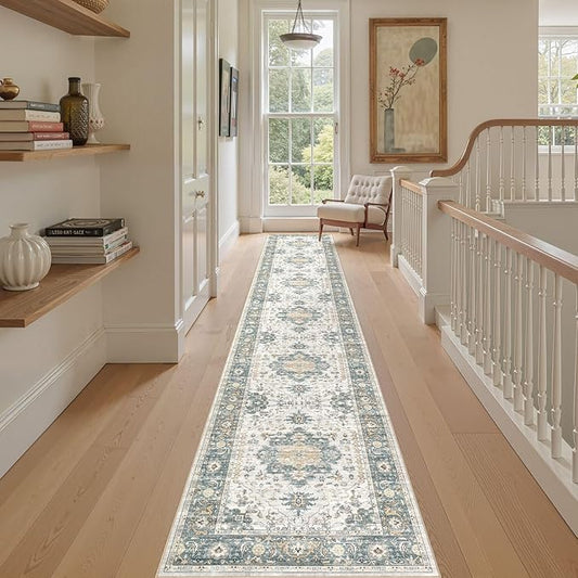 EIEIHOUSE Washable 2.6x14 Runner Rug - Area Rugs Neutral Vintage Distressed Floral Farmhouse Boho Large Soft Floor Rug Indoor Carpet for Hallway Entryway Home - Green/Grey