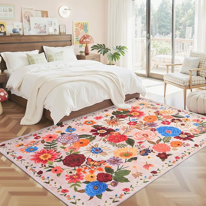 Pink/Beige Living Room Area Rugs 5x7 for Bedroom Ultra-Thin Soft, Non-Slip Washable Stain Resistant Boho Low-Pile Throw Rug for Dining Room Office