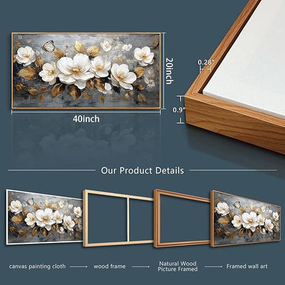 FUHAIHUA Wood Framed Canvas Wall Art For Living Room Wall Decor For Bedroom Office Wall Decoration White Flower Painting Farmhouse Pictures Artwork Room Aesthetic Home Decor 20x40 In