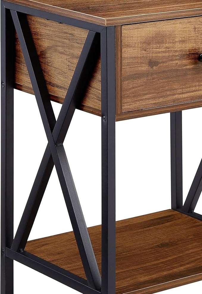VECELO Nightstand,Modern Bedside End Table, Night Stand with Drawer and Storage Shelf for Living Room Bedroom, Industrial Metal Frame