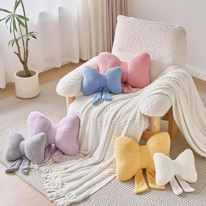 Bow Pillow, Decorative Throw Pillows with Soft Plush, Bow Throw Pillow for Couch Bed, Home Decor Bow Shaped Pillow for Bedroom Living Room (Blue, 12 Inches)