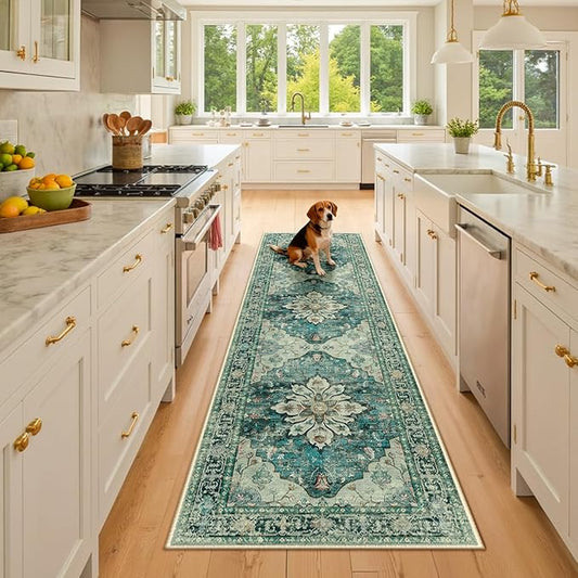 RELEANY Area Rugs 2'6"x8' Runner Rug Non Slip Washable for Kitchen Hallway Bedroom Beside Laundry Room Bathroom Rug, Floor Carpet, Dark Blue Vintage