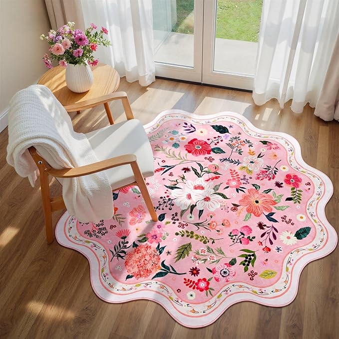 Macgace Pink Round Rug for Girls Bedroom, 4ft Machine Washable Floral Area Rugs with Non Slip Backing, Cute Flower Carpet Kitchen Living Room Kids Playroom Decor