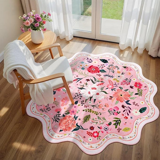 Macgace Pink Round Rug for Girls Bedroom, 4ft Machine Washable Floral Area Rugs with Non Slip Backing, Cute Flower Carpet Kitchen Living Room Kids Playroom Decor