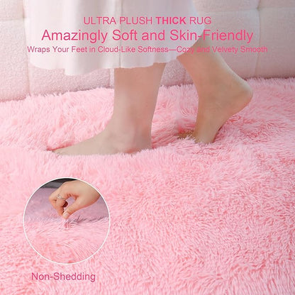 KICHOWUA Thick Area Rug 4x6 Pink Fluffy Shag – Ultra Soft Thickened Plush Washable Carpet, Non-Slip Fuzzy Shaggy Rug for Girls Bedroom, Kids’ Room, Nursery, Baby, Dorm, Living Room Cozy Décor