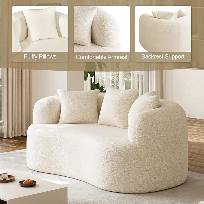 DAMAIFROM 68.5" Loveseat Sofa for Living Room, Modern Luxury Plush Chenille Extra Deep Seat Curved Cloud Floor Couch with 3 Throw Pillows for Small Spaces, No Assembly Needed, Cream White