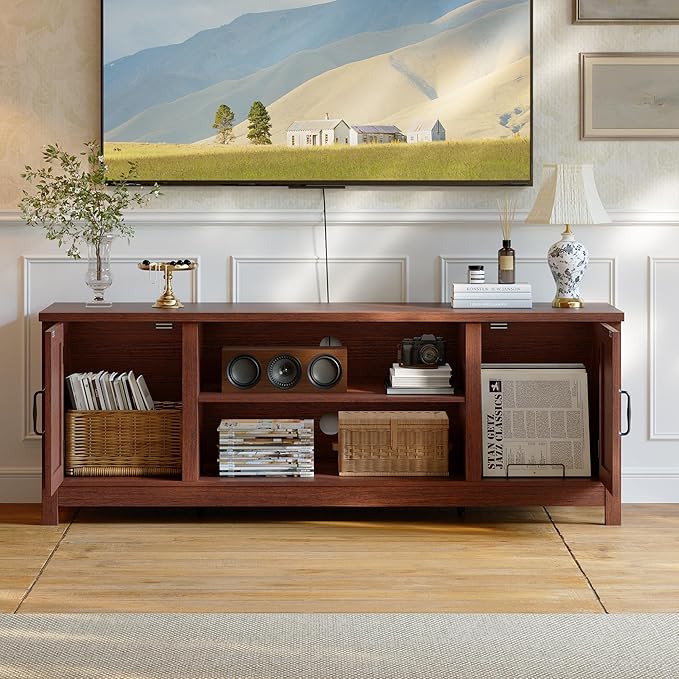 ChooChoo 54" Farmhouse TV Stand for TVs up to 65 inches, Entertainment Center with Storage Cabinets, Open Shelves and Fluted Door, TV Console Table for Living Room, Bedroom, Walnut
