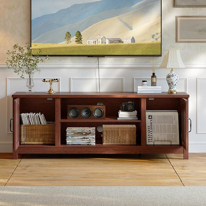 ChooChoo 54" Farmhouse TV Stand for TVs up to 65 inches, Entertainment Center with Storage Cabinets, Open Shelves and Fluted Door, TV Console Table for Living Room, Bedroom, Walnut
